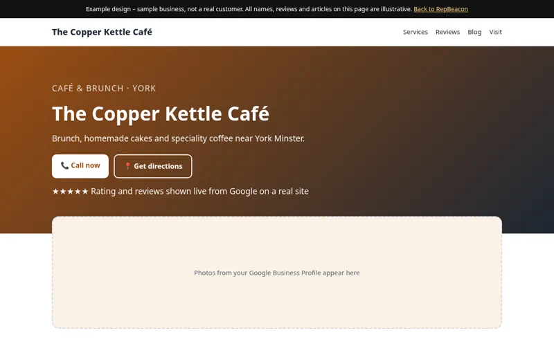 Example design of a business website with blog for a sample café & brunch in York – not a real customer