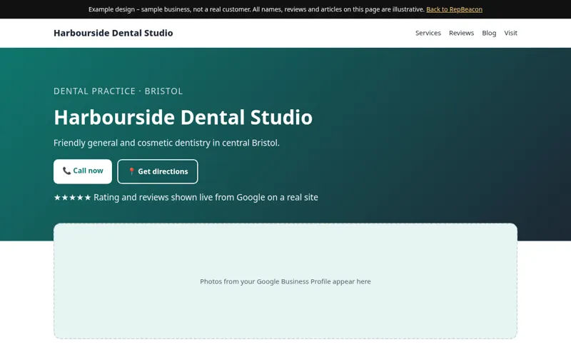 Example design of a business website with blog for a sample dental practice in Bristol – not a real customer