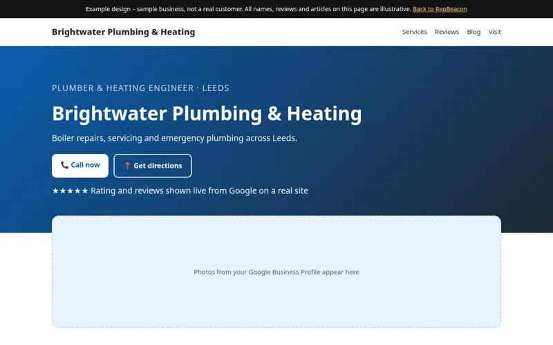 Example design of a business website with blog for a sample plumber & heating engineer in Leeds – not a real customer