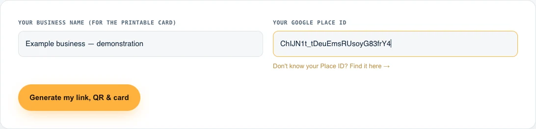 1. Enter your business name and your Google Place ID.