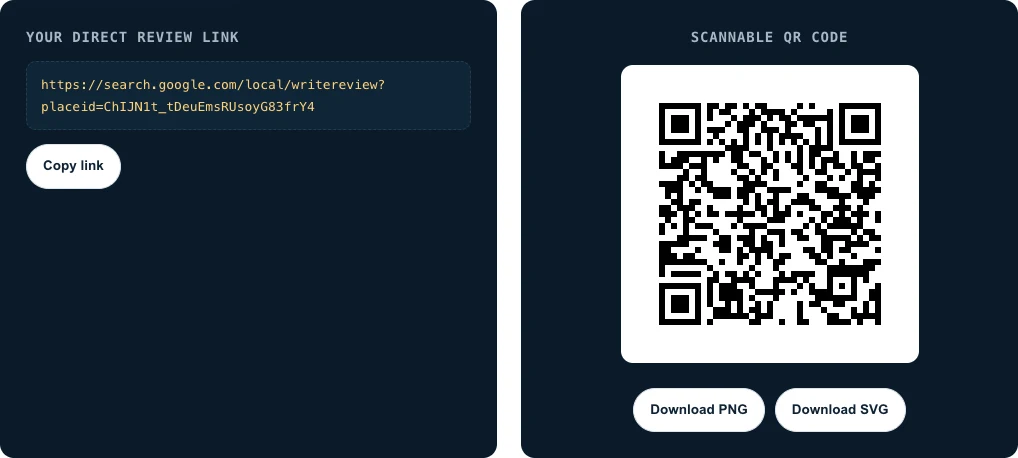 2. Generate, then use Copy link for your email or SMS. Download your QR as PNG or SVG.
