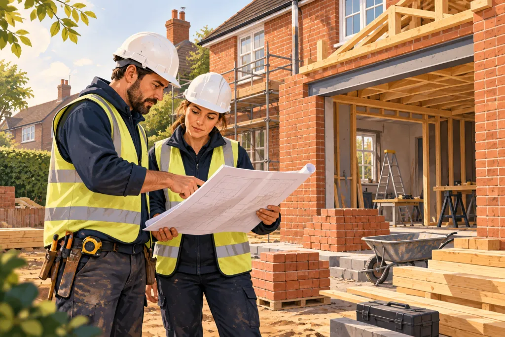 Illustration of builders renovating a British home