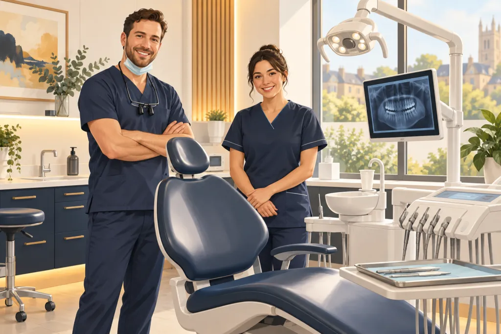 Illustration of a dental team in a modern dental surgery