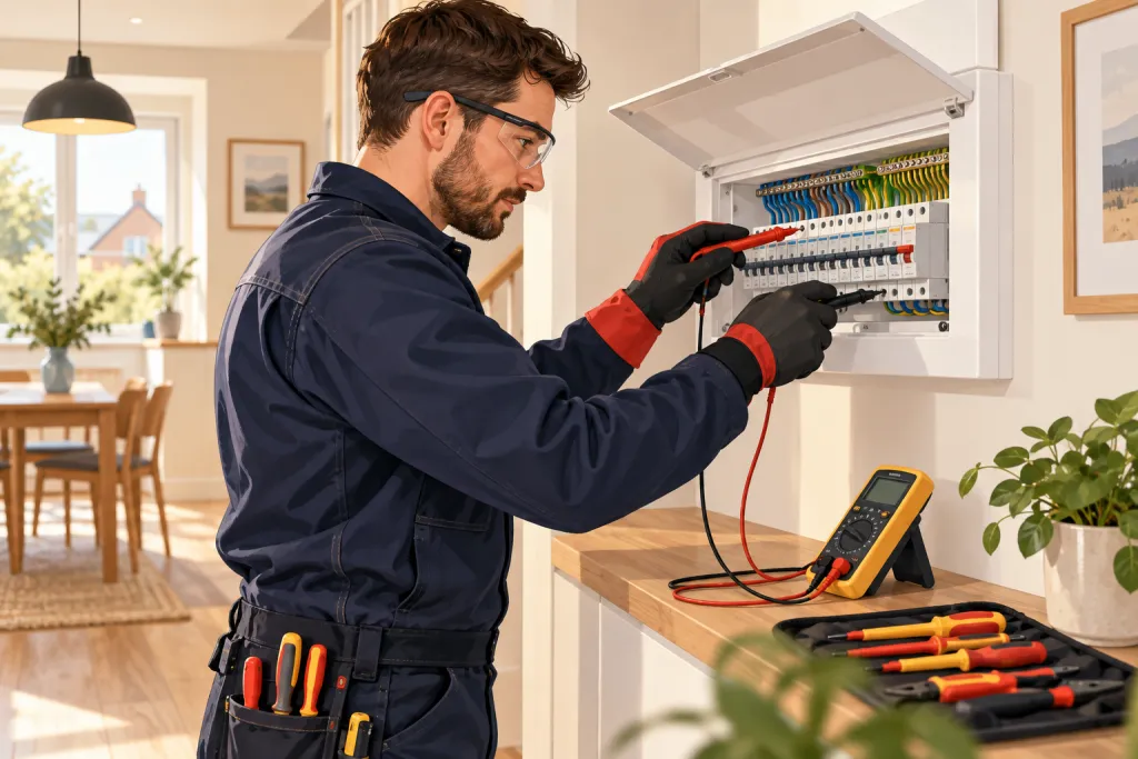 Illustration of an electrician inspecting a domestic consumer unit