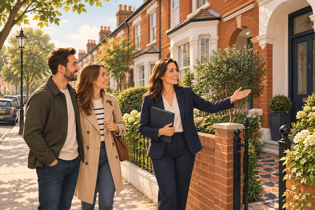 Illustration of an estate agent outside a British terraced house