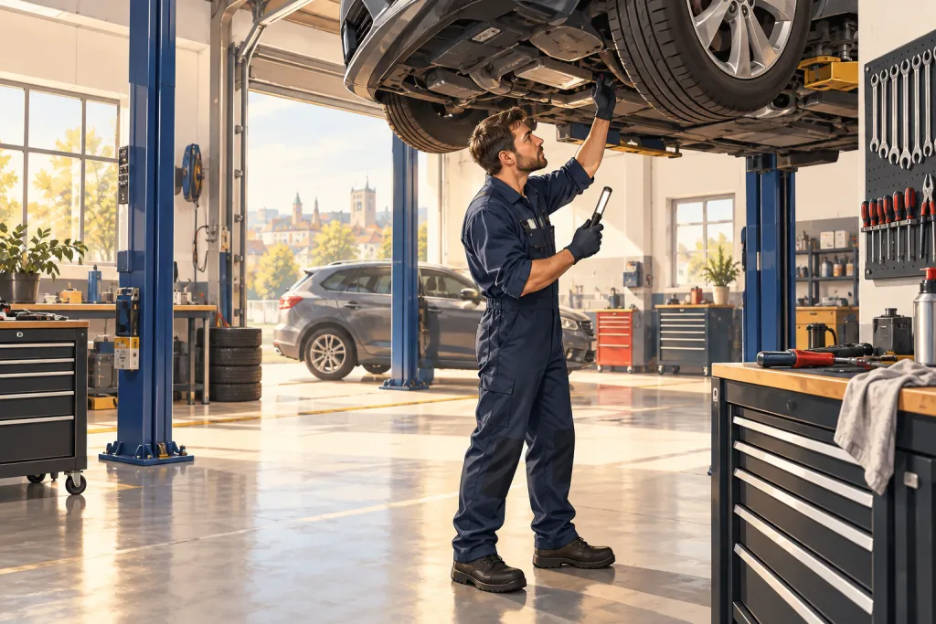 Illustration of a mechanic working in an independent garage