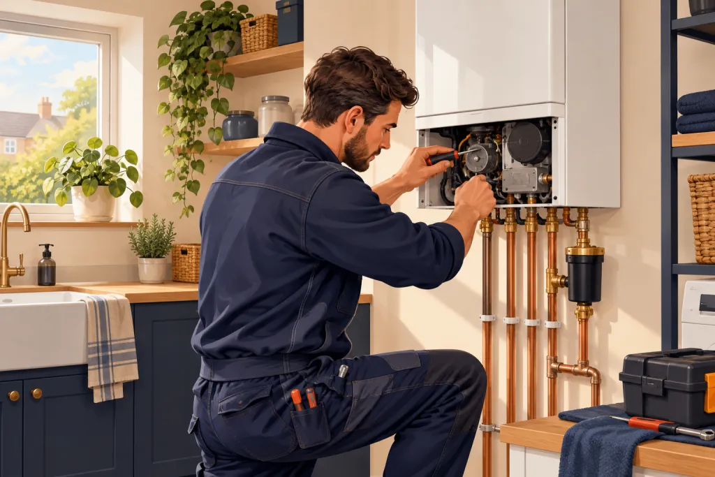 Illustration of a heating engineer servicing a domestic boiler