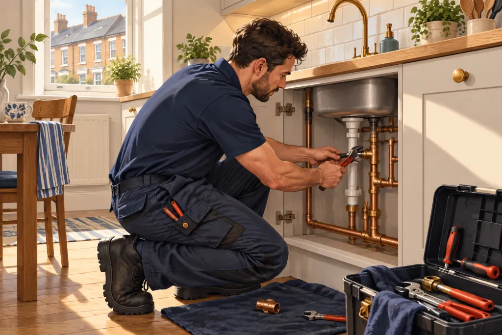 Illustration of a plumber working on copper pipes beneath a kitchen sink