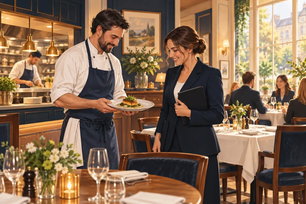 Illustration of a chef and manager in a local restaurant