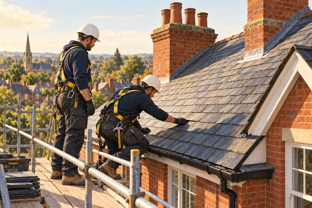 Illustration of roofers repairing a slate roof with scaffolding