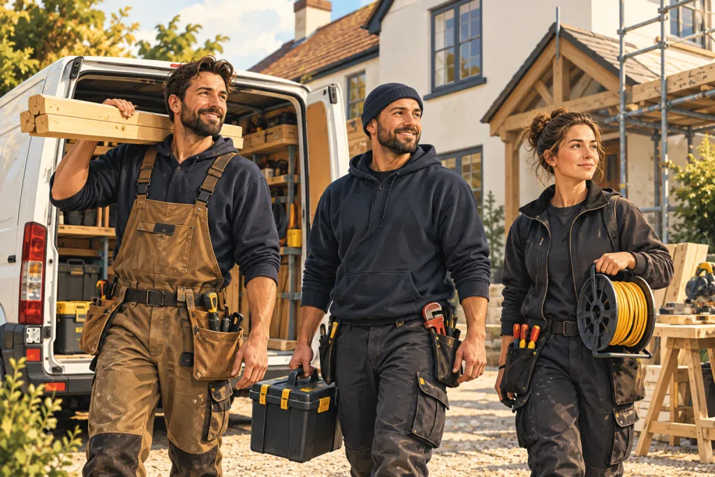 Illustration of local tradespeople beside their work van
