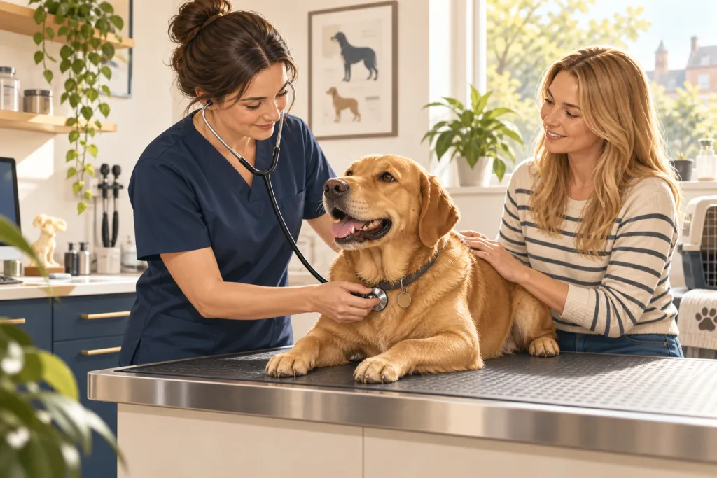 Illustration of a vet examining a dog in a veterinary practice