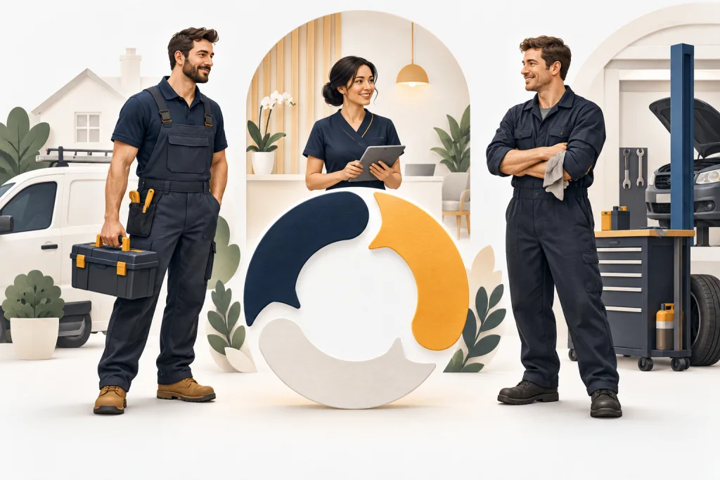 Editorial illustration of a tradesperson, clinic team member and garage mechanic