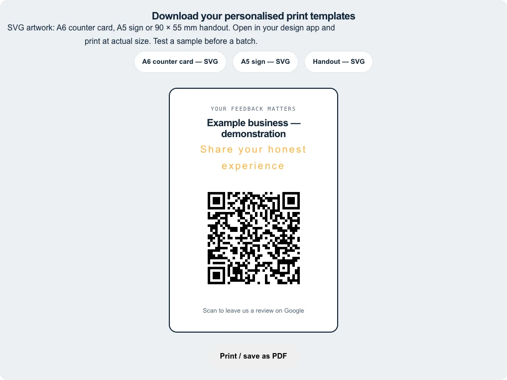 Actual generator showing A6, A5 and handout downloads with demonstration input